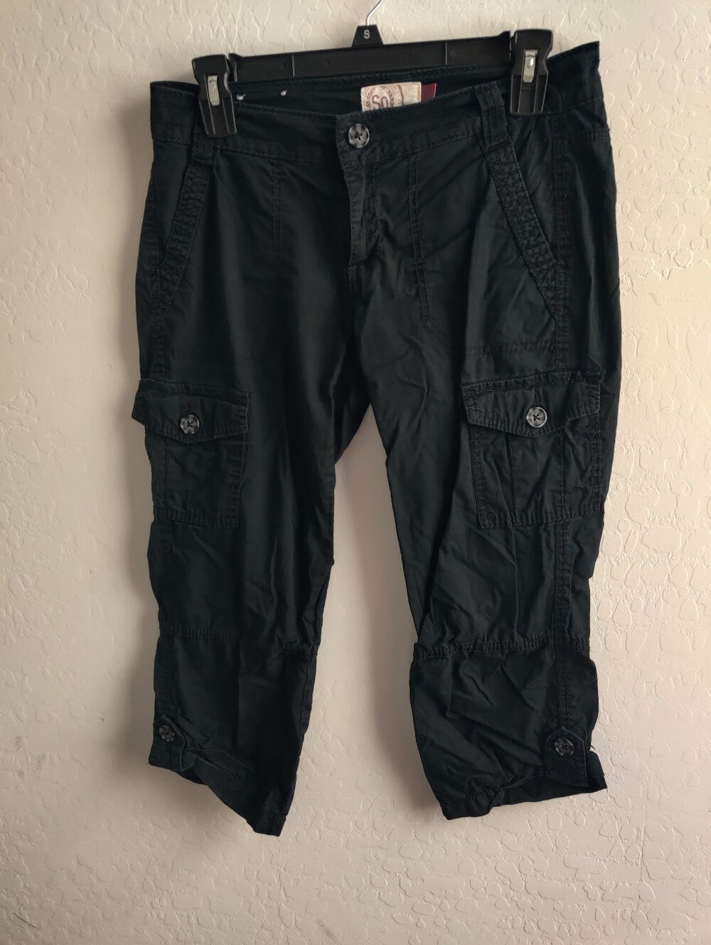 SO black Cotton Cargo Capris Casual Fall Minimalist Pockets Punk Grunge_3